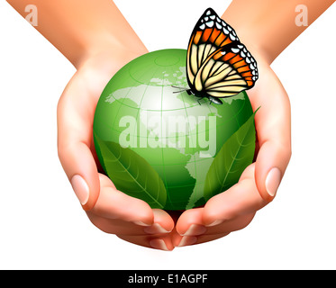 Grüne Welt mit Blatt und Schmetterling in Händen der Frau. Vektor-Illustration. Stockfoto