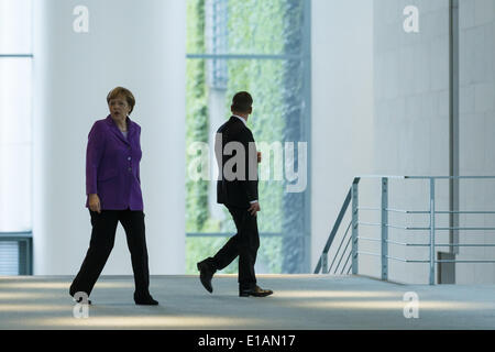 Berlin, Deutschland. 28. Mai 2014. Bundeskanzlerin Merkel begrüßt Irakli Garibashvili, Premierminister von Georgia, Iurie Leanca, Premierminister der Republik Moldau und Arseni Petrowych Jazenjuk, Premierminister der Ukraine, in der deutschen Kanzlei am 28. Mai 2014 in Berlin, Deutschland. / Bild: Bundeskanzlerin Angela Merkel. Bildnachweis: Reynaldo Paganelli/NurPhoto/ZUMAPRESS.com/Alamy Live-Nachrichten Stockfoto