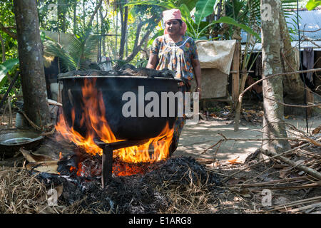 Eine Frau, die das Kochen auf offenem Feuer, Alappuzha, Kerala, Indien Stockfoto