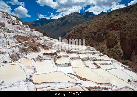 Salinen an einem Berghang Salinen Salinas de Maras, erstellt von den Inkas und noch in Betrieb, Pichingote, Region Cusco Stockfoto