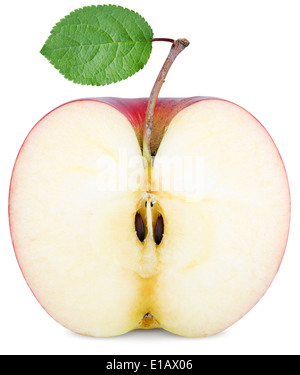 Schneiden Sie einen halben Apfel mit einem grünen Blatt isoliert auf weiss Stockfoto