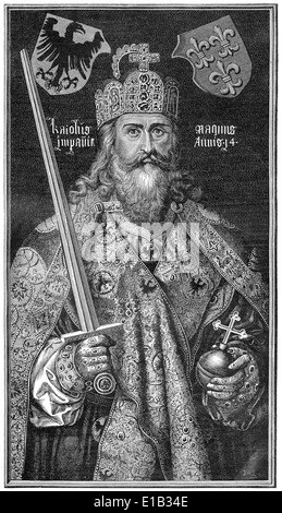 Karl der große, tragen die Reichskleinodien, Karl der große oder Carolus Magnus, 747-814, König der Franken und der Kaiser Stockfoto