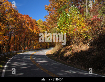 Der klaren blaue Himmel kontrastiert mit Herbstfarben in vollem Gange auf Georgiens ländlichen State Road 60. Stockfoto