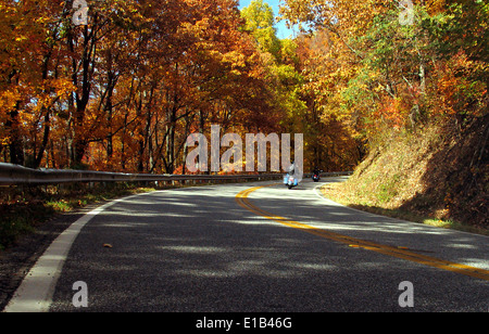 Motorradfahrer fahren Georgien Wicklung State Road 60 an einem klaren Tag am Höhepunkt des Herbstes. Stockfoto