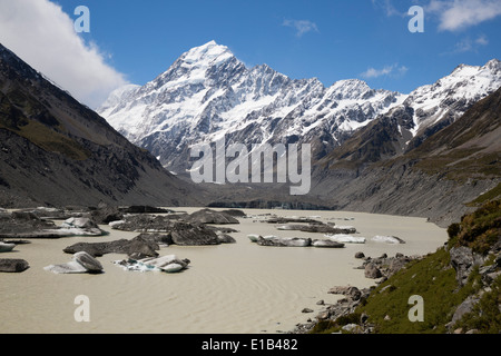 Hooker See und Gletscher mit Eisbergen und Mount Cook Stockfoto