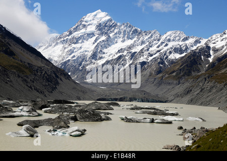 Hooker See und Gletscher mit Eisbergen und Mount Cook Stockfoto