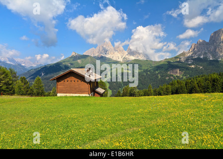 Sommerlandschaft in Fassa Tal mit einem kleinen Chalet unter Dolomiten, Trentino, Italien Stockfoto