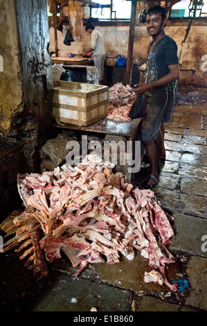 "Hand Made" Hackfleisch. Szenen an das Fleisch Markt eine enorme Metzgerei, Crawford Mkt, Süd-Mumbai Stockfoto