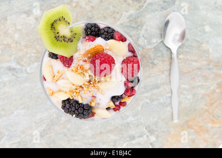 Draufsicht auf eine gefrorene Parfait Dessert mit frischen Himbeeren, Brombeeren und Mandeln belegt und garniert mit einer Scheibe Stockfoto