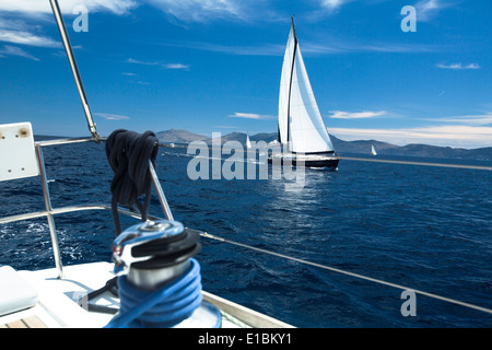 Segeln, Segelregatta. Segelschiff Yachten mit weißen Segeln. Luxus-Yachten. Stockfoto