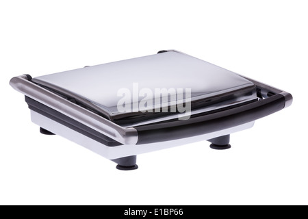 Moderne elektrische Panini-Sandwich-Toaster mit dem Deckel geschlossen betrachtet in einem Winkel isoliert auf weiss Stockfoto