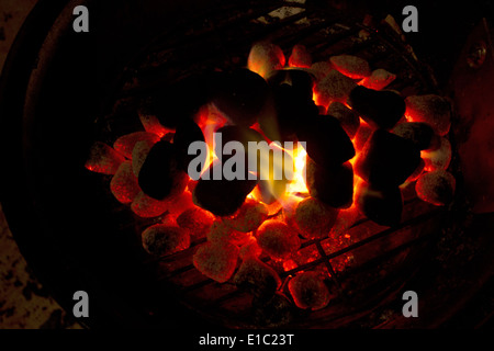 Holzkohle auf einem Grill-Stand in der Nacht in Goa, Indien Stockfoto