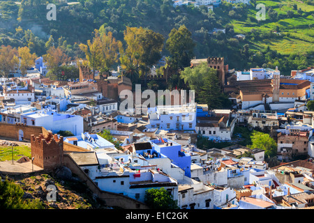 Luftaufnahme der alten Kasbah in Chefchaouen, Marokko Stockfoto