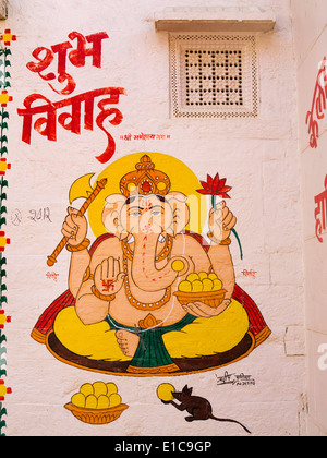 Indien, Rajasthan, Jaisalmer, Wandmalerei Elefanten Gott Ganesh mit Maus Stockfoto