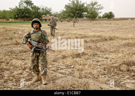 Afghan National Army Soldaten führen eine gemeinsame Patrouille mit US-Marines während einer Mission zur Niederschlagung von Aufständen 16. Mai 2014 in Larr Dorf, Provinz Helmand, Afghanistan. Stockfoto