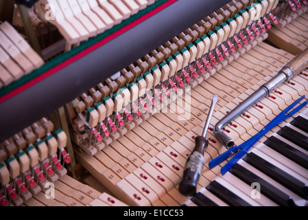 Tuner bei der Arbeit mit Ratsche am Klavier Stockfoto