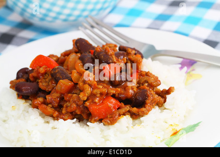 Chili Con Carne mit Reis, Nahaufnahme Stockfoto