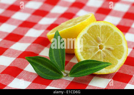 Zitrone-Hälften auf kariertem Stoff Stockfoto