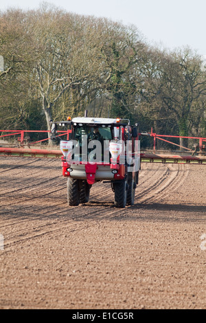 Calthorpe Farm, Ingham, Norwich. Norfolk. Selbstfahrende Feldspritze über Applyi Herbizid vor kurzem gesäten Zuckerrüben Feld. Stockfoto