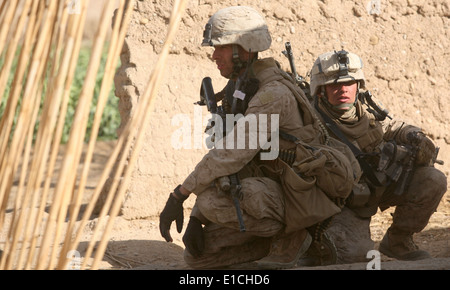 US-Marines beim Löschen einer Verbindung während einer Patrouille in Helmand Provinz von Afghanistan 16. Februar 2010 bleiben. Während die palästinensische Autonomiebehörde Stockfoto