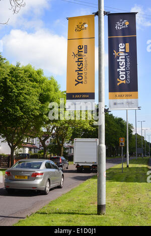 Banner auf der Strecke von dem Start der Tour de France in Leeds am 5. Juli 2014 Yorkshire Großbritannien Credit: Paul Ridsdale/Alamy Live-Nachrichten Stockfoto