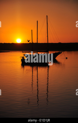 Yachten im Hafen von Morro Bay, Kalifornien bei Sonnenuntergang. Leicht wellige spiegelt sich im Wasser und Fackel vor der Sonne. Stockfoto