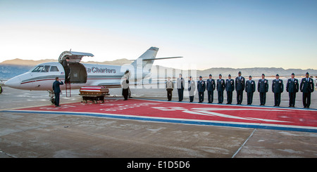 US-Flieger stehen stramm wie ein Sarg mit den sterblichen Überresten von Captain David Lyon, mit dem 21. Logistik Bereitschaft Squadr Stockfoto