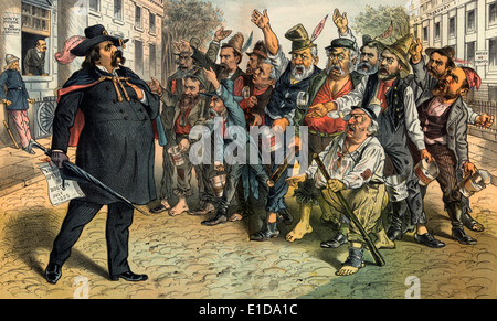 Abbildung zeigt John Logan mit der Bezeichnung "Neue Leader" der Republikanischen Partei, der "Partei der Reform und Puritee", hält ein Papier, das heißt es "[h] im Juli 1885 Boston Logan Speec", auf der Straße zwischen dem weißen Haus und das US-Finanzministerium stehen, führt einen Chor von Landstreicher als "J. Gould, Feld, Mahone, Roach, Riddleberger, T. Platt, Ex-Leiter [James G. Blaine] , Robeson, Keifer, Chandler, Brady, [und] Dorsey ", und ein nicht identifizierter blinden Mann, der aussieht wie Benjamin F. Butler; Einige tragen angeschlagenen Hand-Eimer mit der Aufschrift "Leere Hoffnungen". Politische Karikatur 1885 Stockfoto