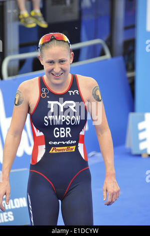 London, UK. 31. Mai 2014. Jodi Stimpson (GBR) nach Beendigung der ITU Elite Frauen Triathlon lächelnd. Stimpson kam mit einer Zeit von 55m 43 s 11.. Bildnachweis: Michael Preston/Alamy Live-Nachrichten Stockfoto