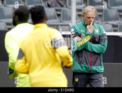 Mönchengladbach, Deutschland. 31. Mai 2014. Kamerunische Fußball-Nationalmannschaft des deutschen Cheftrainer Volker Finke (R) führt sein Team Trainingseinheit in Mönchengladbach, 31. Mai 2014. Kamerun wird Deutschland am 1. Juni 2014 in einem internationalen Freundschaftsspiel in Vorbereitung auf die FIFA WM 2014 in Brasilien stattfindenden vom 12 Juni bis 13. Juli 2014 stellen. Foto: Roland Weihrauch/Dpa/Alamy Live News Stockfoto