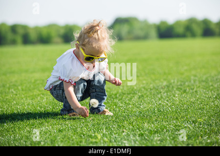 Niedliche kleine Mädchen sitzen auf einem frischen grünen Rasen in einem Feld und spielt mit einem Löwenzahn Stockfoto