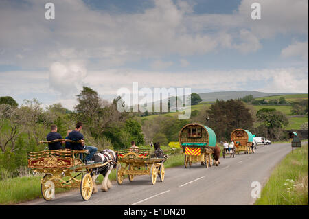 Zwischen Sedbergh und Kirkby Stephen, UK. 1. Juni 2014. Pferdekutsche Wohnwagen in Richtung das Pferd Messe am Appleby in Westmorland entlang der A683 zwischen Sedbergh und Kirkby Stephen, bereit, auf Cote Moor Zelten. Die Messe, die seit 1685 in Betrieb ist, ist das größte seiner Art in Europa. Dieses Jahr findet das Oktoberfest auf dem 5-11. Juni. Bildnachweis: Wayne HUTCHINSON/Alamy Live-Nachrichten Stockfoto