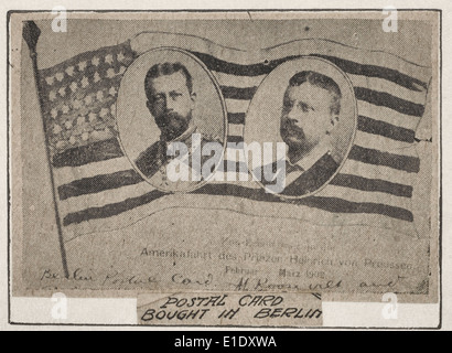 Postkarte in Berlin gekauft.  Drucken (wahrscheinlich ein Zeitungsausschnitt) zeigt Porträts von Präsident Theodore Roosevelt und Prinz Heinrich von Preußen auf die amerikanische Flagge, ca. 1905 Stockfoto