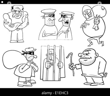 Schwarz / Weiß-Cartoon-Illustration-Satz von Dieben und Raufbolde oder Schläger Bösewichte Zeichen für Malbuch Stockfoto