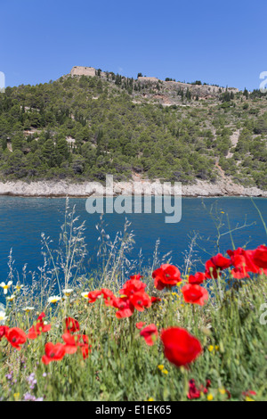 Dorf von Assos, Kefalonia. Malerische Aussicht auf Assos Burg mit wilden Blumen im Vordergrund. Stockfoto