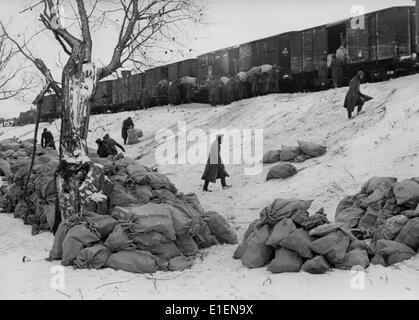 Im Dezember 1941 beladen deutsche Soldaten die Züge an der Ostfront mit Postsäcken. Der ursprüngliche Text des Nazi-Nachrichtenberichts lautet "an der Ostfront. Die Post ist da! Riesige Posthaufen für unsere Soldaten kommen an der Front an." Fotoarchiv für Zeitgeschichtee - KEIN KABELDIENST Stockfoto