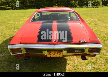 New York, USA. 1. Juni 2014. Eine ikonische rot mit schwarzen Streifen-Muscle-Car 1970 brachte Chevrolet Chevelle SS 396 - 350 Basismodell, von seinem Besitzer John McAleese Seaford, ein Besucher an der Antik und Sammler Auto Show statt auf dem historischen Gelände des eleganten Old Westbury Gardens auf Long Island und gesponsert durch größere New York Region AACA Antique Automobile Club of America. Bildnachweis: Ann E Parry/Alamy Live-Nachrichten Stockfoto