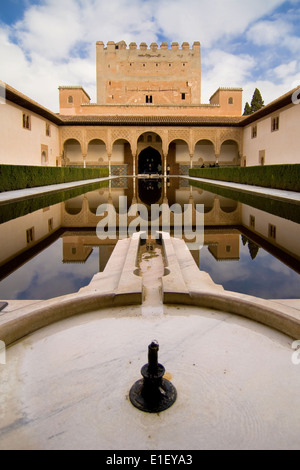 Comares-Turm spiegelt sich im Teich des Gerichtshofs für die Myrten in La Alhambra, Granada, Spanien. Stockfoto