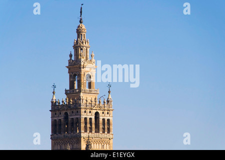 Spitze des Turm La Giralda gesehen von der Spitze des Turmes Gold, Sevilla, Spanien. Stockfoto