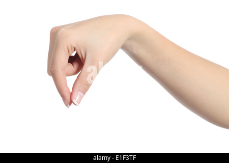 Frau Hand hängen etwas isoliert auf weißem Hintergrund Stockfoto