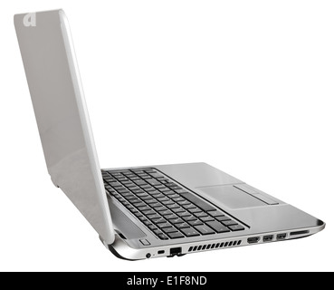 Seitenansicht des offenen Laptop isoliert auf weißem Hintergrund Stockfoto