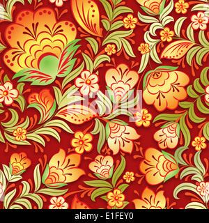 abstrakte Vintage nahtlose gelbe Blumen Ornament auf rotem Grund Stockfoto