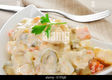 Nahaufnahme einer Platte mit einem typisch spanischen Ensaladilla Rusa, russischer Salat Stockfoto