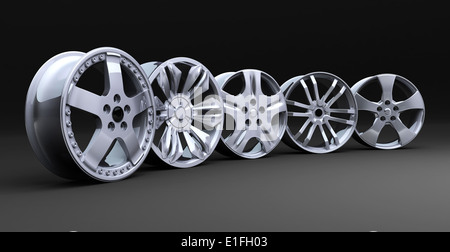 Fünf Auto-Scheibe auf einem schwarzen Hintergrund (durchgeführt in 3d) Stockfoto