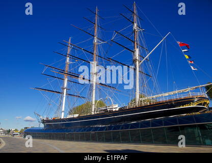 Die Cutty Sark, einem britischen Tee-Clipper 1869 vor Anker in der Nähe der Themse in Greenwich, London, England, Vereinigtes Königreich, Europa errichtet Stockfoto