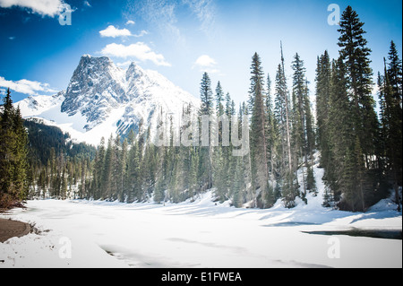 Der wunderschöne Emerald See, Schnee bedeckt, in Kootenay National Park, Kanada Stockfoto