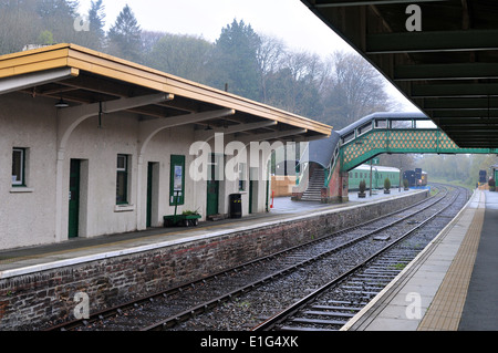 Okehampton Station auf der Dartmoor-Bahn an einem nebligen Tag im Frühling. Stockfoto