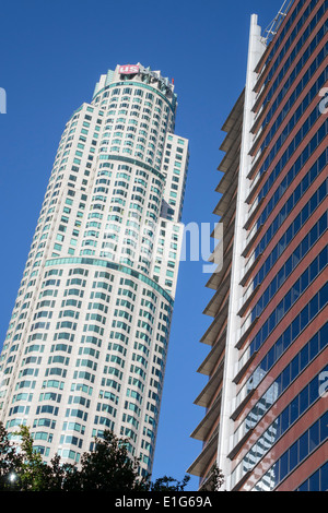 Los Angeles, Kalifornien, Innenstadt, Finanzviertel, Skyline der Stadt, Hochhaus Wolkenkratzer Gebäude US Bank Tower, Library Tower, rund, Stockfoto