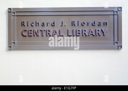 Los Angeles California, Downtown, Skyline, Los Angeles Public Library, Richard J. Riordan Central Library, Goodhue Gebäude, 1926 Schild, Plakette, CA140331036 Stockfoto