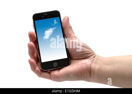 IPHONE 5 s in der Hand isoliert auf weißem Hintergrund Stockfoto